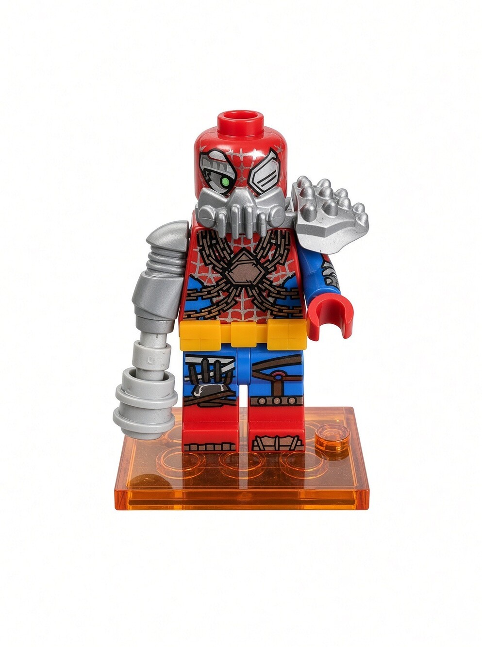 Lego Minifigure Red Blue Silver Spider-Man Style with Orange Display Base